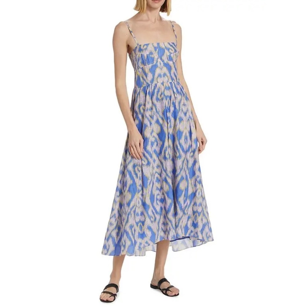 Maria cher Blue Ikat Print Midi Dress Smocked Back Boho Summer Cotton Silk M